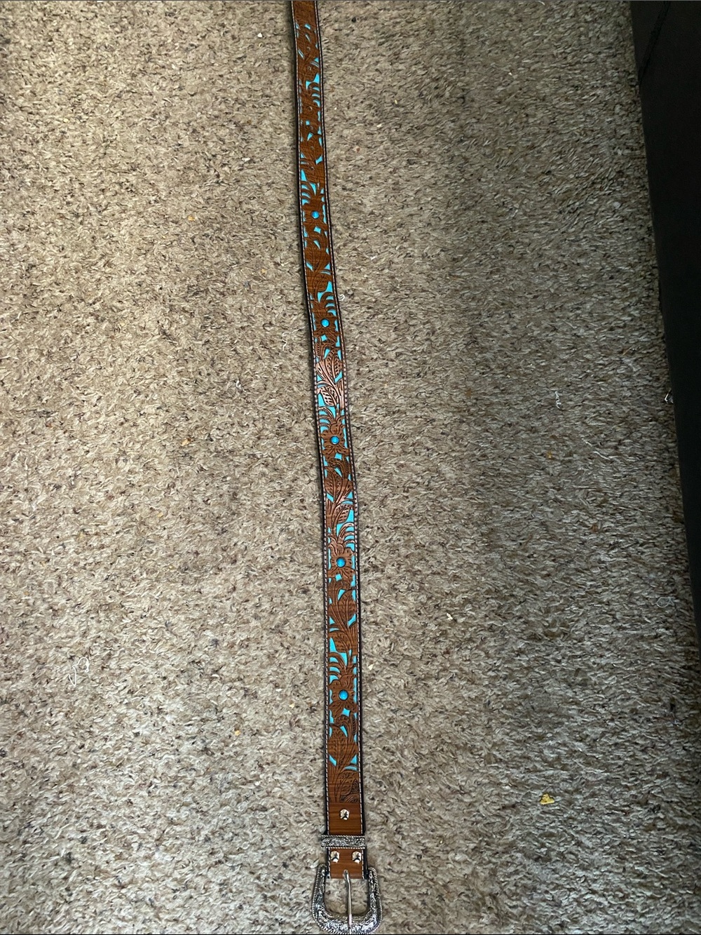 Brown Leather Belt with Turquoise Floral Embossing and Silver Buckle